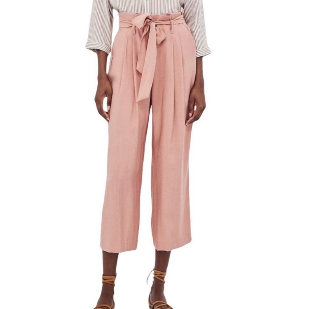 ZARA Basic Paperbag Waist Wide-Leg Pants in Soft Pink – Size Small